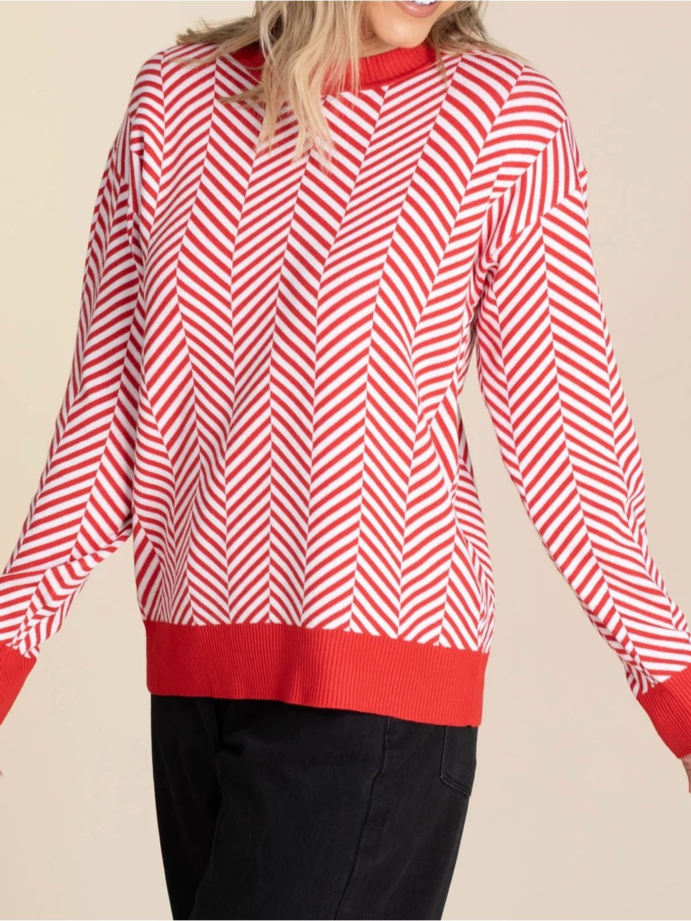 Dear Scarlett Red And White Stripe Contrast Sweater